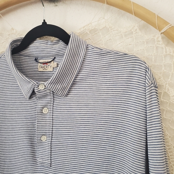 Faherty Men's L Blue Stripped Long Sleeve Collard Polo Shirt Organic Cotton EUC - Picture 5 of 7